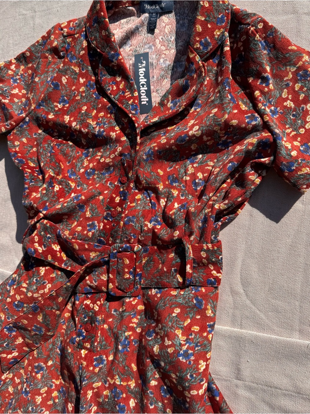 NWT ModCloth Rustic Elegance Casual Dress Cider Blossom Red Blue Floral Belted - Picture 3 of 12